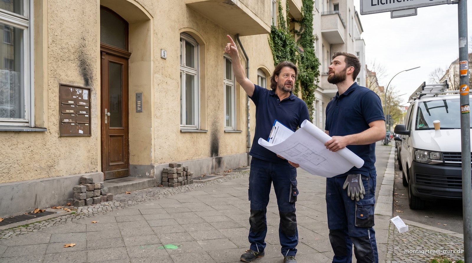 Maik Marx und Mitarbeiter im Erstgespräch vor einer Berliner Altbau-Stuckfassade in Lichtenberg