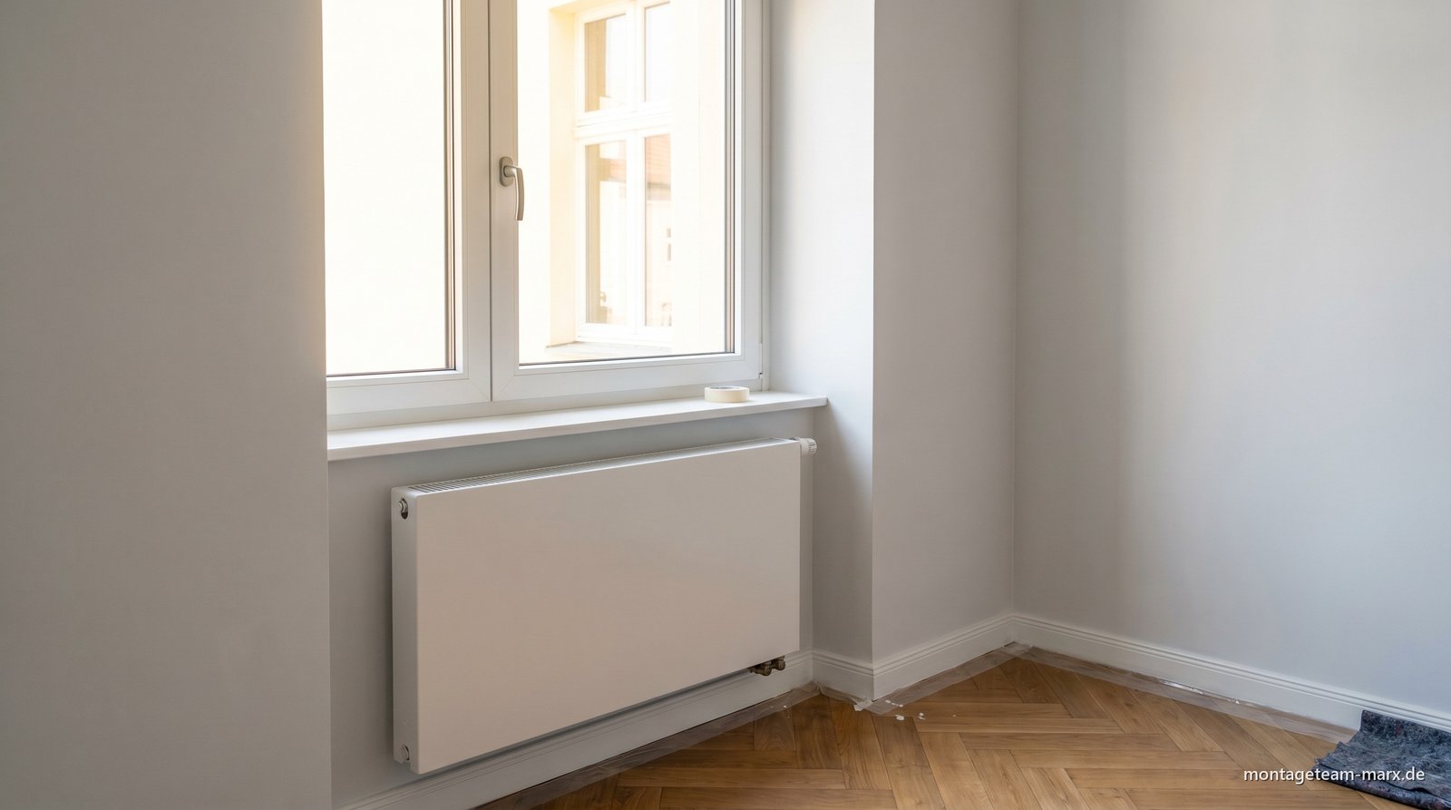 Dieselbe Berliner Altbau-Fensterleibung nach 6 Wochen Sanierung — neues 3-fach-Fenster, saubere Q3-Spachtelung, neuer Flachheizkörper