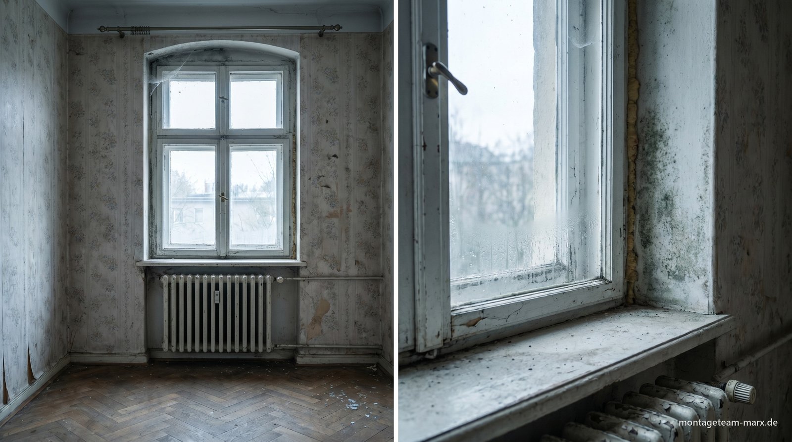 Berliner Altbau-Fenster vor der Sanierung — altes Holzfenster mit Einfach-Verglasung, Schimmelflecken in der Laibung, ausgehärteter alter PUR-Schaum am Anschluss