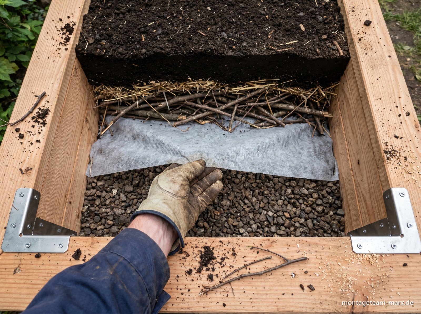 Schichtaufbau eines Hochbeets — Drainage, Geotextil, Strukturschicht und Pflanzerde im Querschnitt